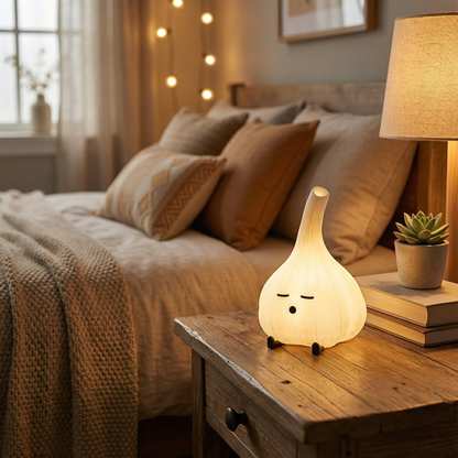 Cute Garlic Night Light | Kawaii Kitchen Decor Lamp | Funny Foodie Gift | Vampire Repellent Desk Buddy | USB Powered Vegetable Mood Lighting